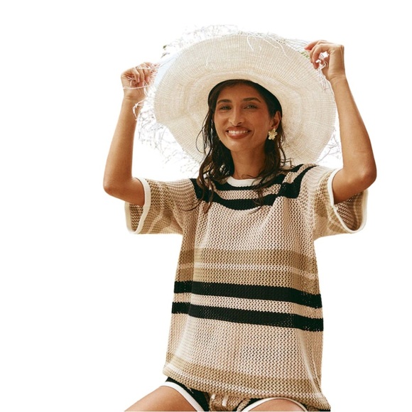 Sabo Skirt Tops - SABO Quinn striped crochet knit cotton short sleeve top, size Large